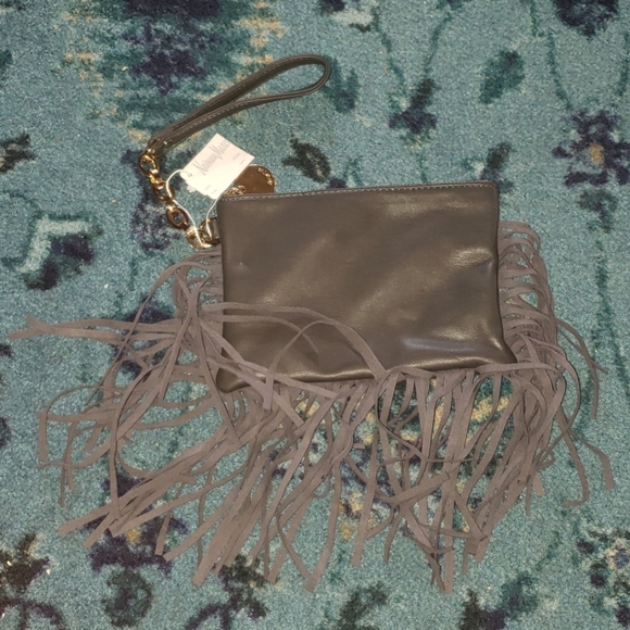 NWT Deux Lux Grey Vegan Leather Fringe Wristlet - Picture 4 of 5